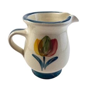Vintage Danish Tulip Small Ceramic Pitcher Handpainted Signed Paul Blue Rim